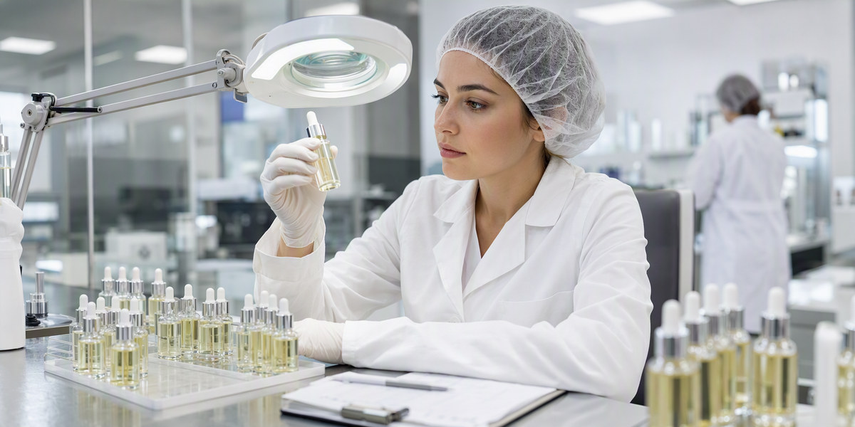 Cosmetic contract manufacturer quality control station with a technician inspecting serum sample vials under a lamp in a clean professional laboratory