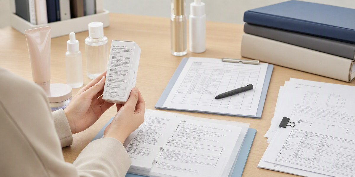 Japanese cosmetics compliance desk with product labels and import documents in a clean professional setting