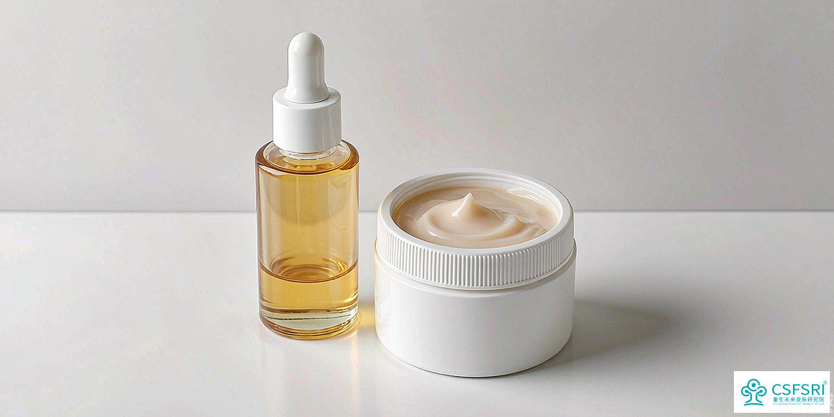 Serum dropper bottle and gel jar on a clean cosmetic laboratory bench representing a salicylic acid skincare formula