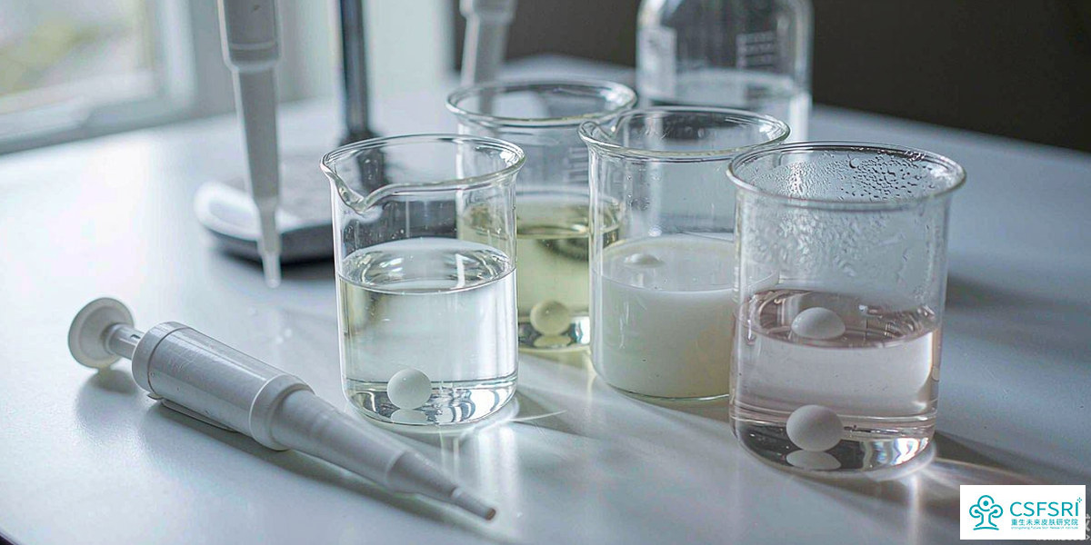 Glass beakers and pipettes arranged for cosmetic formulation stability and pH testing on a lab table
