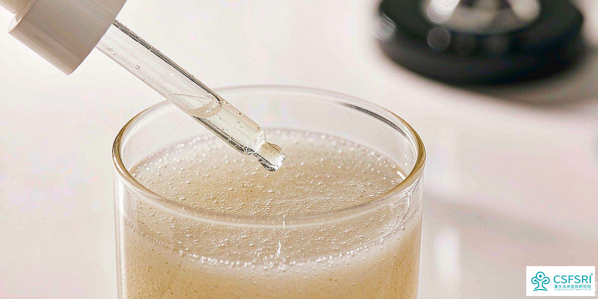 Fermented skincare ingredient in a beaker representing postbiotic and microbiome formulation